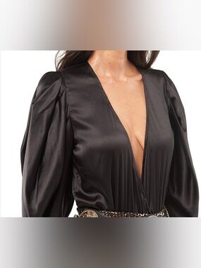 Black Draped V-Neck Long Sleeve Bodysuit
